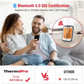 ThermoPro TP358 Bluetooth binnenthermometer en hygrometer met klok, verlicht display, bereik van 80 meter en gegevensexport