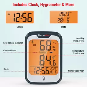 ThermoPro TP358 Bluetooth binnenthermometer en hygrometer met klok, verlicht display, bereik van 80 meter en gegevensexport