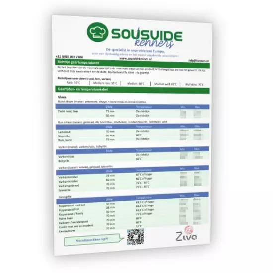 Niederländisch - Tabelle der Kochzeiten und Temperaturen des Sousvid-Kenners (laminiert)