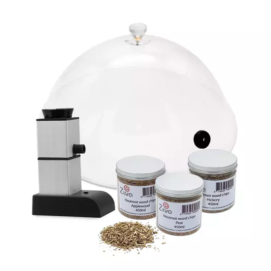 Ziva Smoke Bundle – Ziva Smoker Compact + Smoke Bell Ø36,5x15cm + Wood Moth (3 Geschmacksrichtungen à 450 ml)