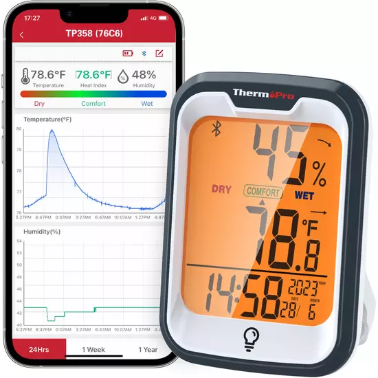 ThermoPro TP358 Bluetooth binnenthermometer en hygrometer met klok, verlicht display, bereik van 80 meter en gegevensexport